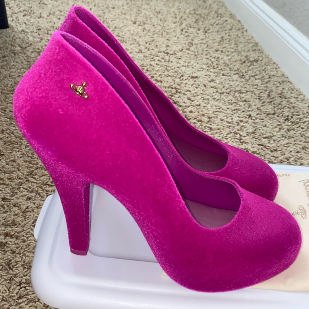 Magenta Purple Hot Barbie Pink Velvet Melissa x Vivienne Westwood High Heels 8